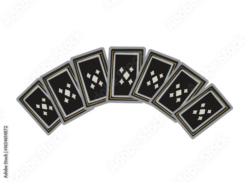 Illustration of a scene where a deck of tarot cards is arranged in a fan shape