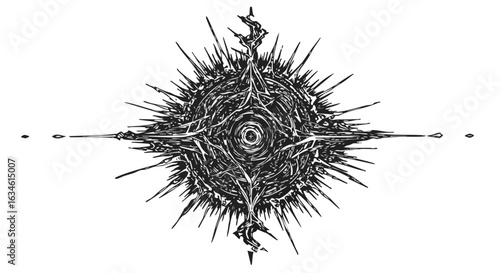 Vector Pattern Abstract Circular Design with Spiked Geometric Elements in Black and White Modern Style