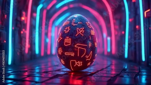 A glowing egg with neon symbols in a futuristic, colorful tunnel setting.