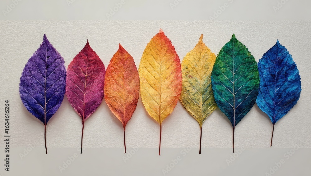 Fototapeta premium A row of colorful autumn leaves, each painted in a different hue of the rainbow, 
