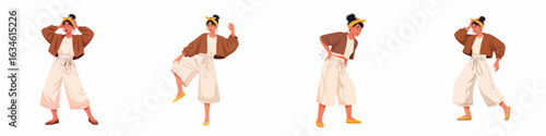 Collection of vectors of young women in brown clothes experiencing headaches, backaches, stomachaches, and knee pain.
