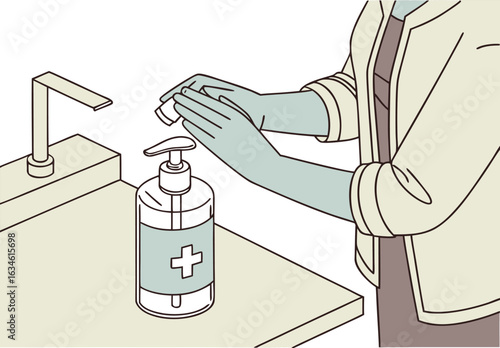 Vector illustration of hand sanitizer use, showing a person disinfecting hands for hygiene and safety, emphasizing health and cleanliness practices.