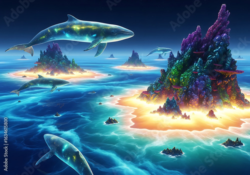 Title: Majestic Cosmic Whales Swimming Above Bioluminescent Coral Reef Islands In A Dreamlike Alien Ocean Under A Starry Night Sky, Evoking Wonder And The Beauty Of Imaginary Marine Life.