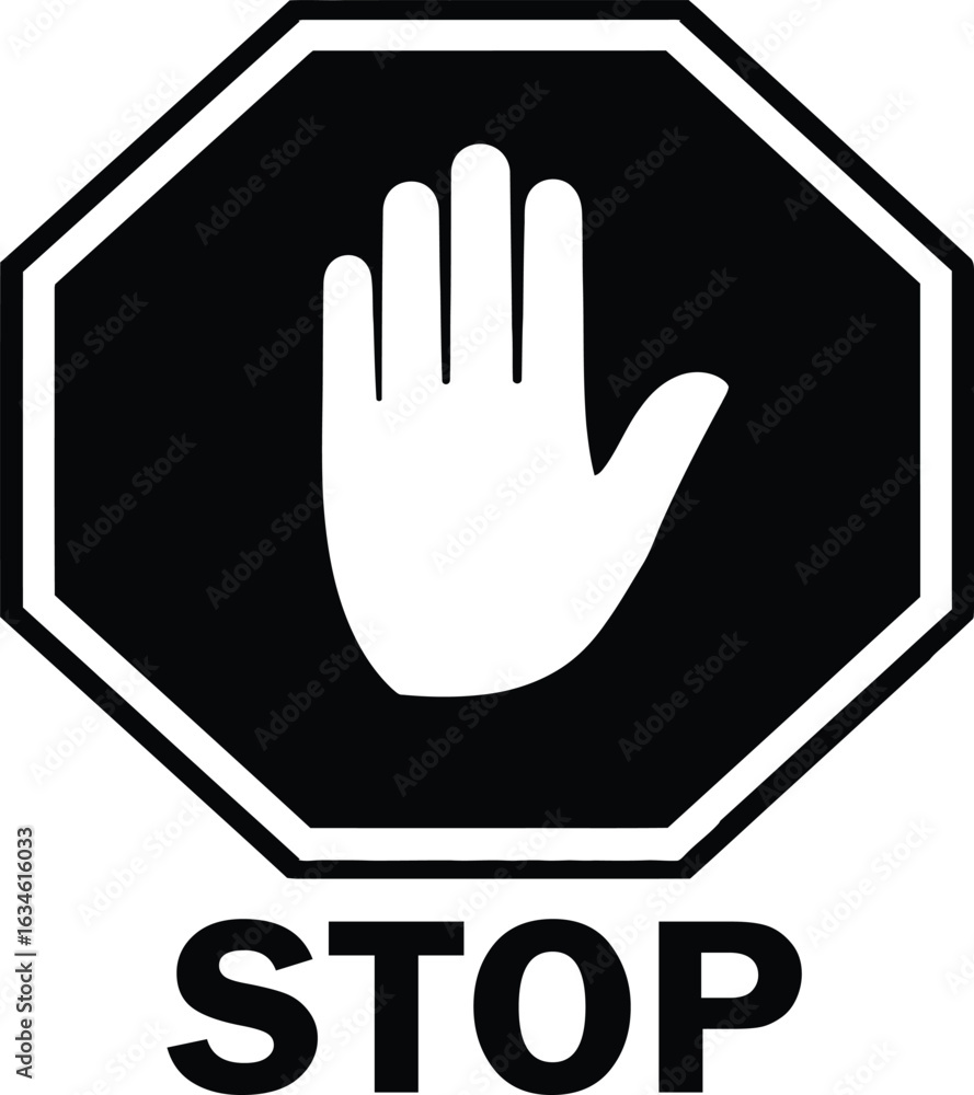 A clear graphic illustration of a stop sign featuring a hand signal and the word 