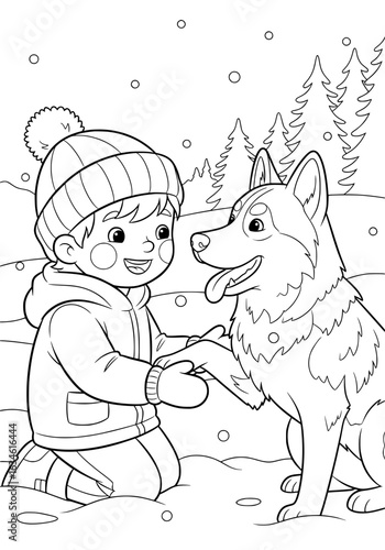 A boy plays with a husky dog in the snow. coloring book