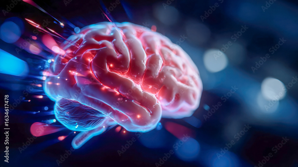 Fototapeta premium A glowing human brain model is surrounded by dynamic light streaks, symbolizing neural activity and advanced cognitive processes