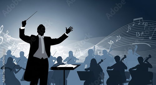 Silhouette of a conductor leading an orchestra with musical notes in the background