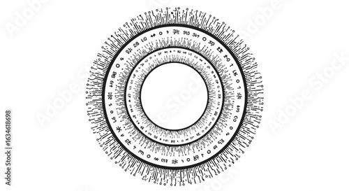 Vector Circular Pattern with Technical Data and Abstract Geometric Elements in Modern Monochrome Style