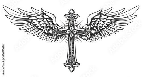 Vector Illustration of Cross with Winged Design in Gothic Style for Religious and Spiritual Graphics