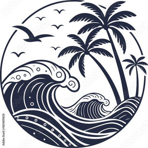 Vector illustration of a tropical island beach with palm trees, a dolphin, and a blue ocean wave pattern