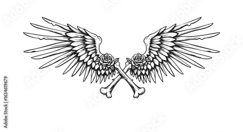 Minimalist Vector Illustration of Angel Wings with Crossed Bones in Black and White in Ornate Style