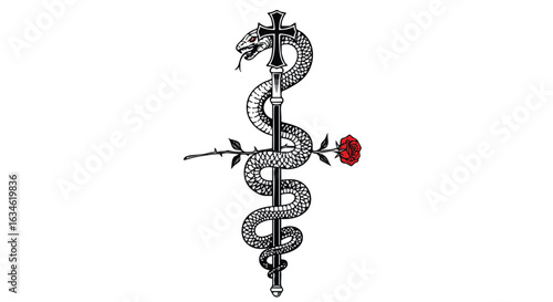 Vector Illustration of Snake Wrapped Around Cross with Rose in Modern Gothic Style Bright Red Color