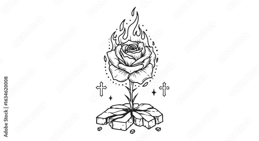 Fototapeta premium Minimalist Vector Illustration of Rose Flame with Cross and Cracked Ground in Black and White Style