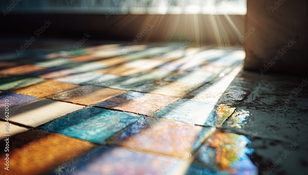 Naklejka premium Sunlight streams onto patterned floor tiles