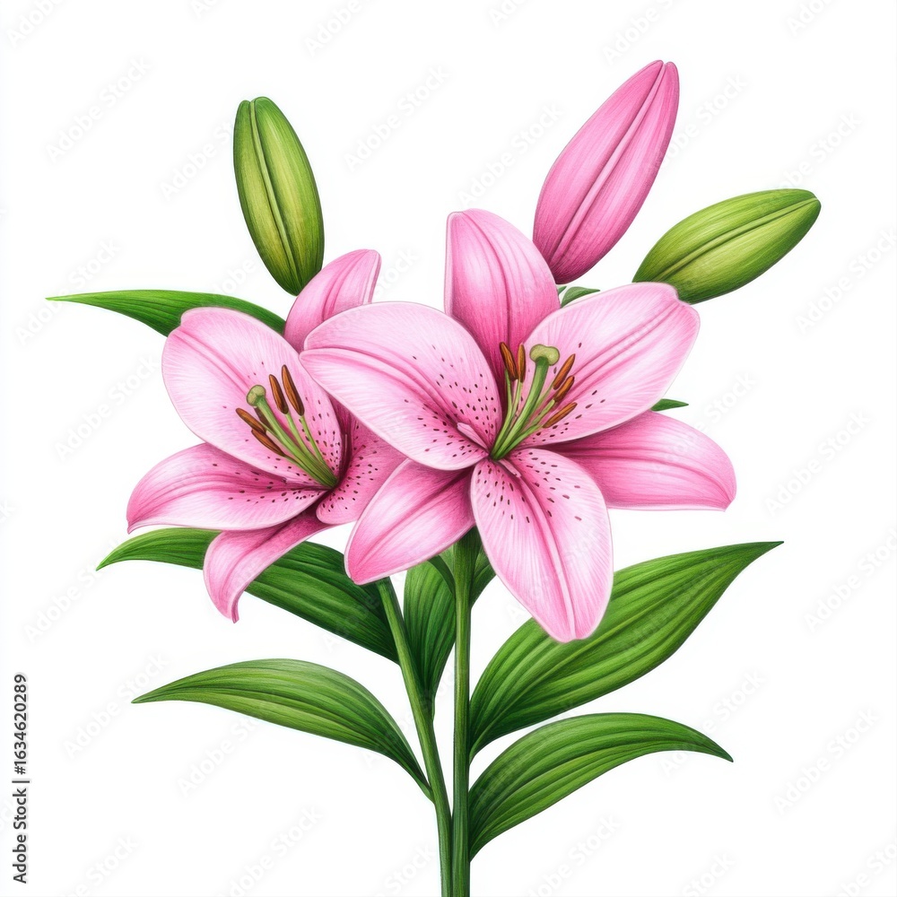 Fototapeta premium Delicate Pink Lily Blossoms with Green Leaves on a White Background