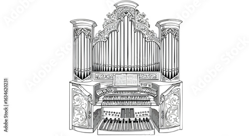 Vintage Pipe Organ Vector Illustration in Classic Ornate Style with Monochrome Black White Palette
