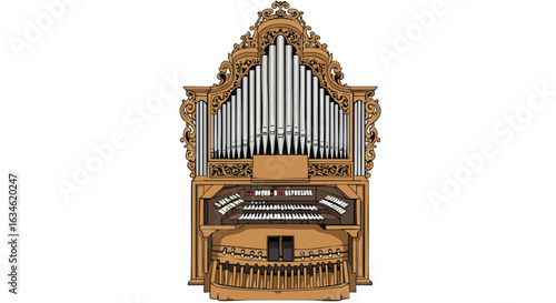 Vector Illustration of Ornate Pipe Organ in Vintage Style with Detailed Woodwork and Silver Pipes