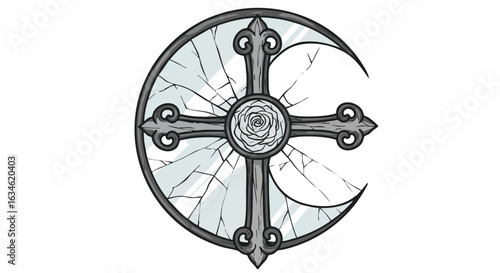 Vector Illustration of Broken Circular Cross with Ornamental Elements in Gothic Style in Monochrome Palette