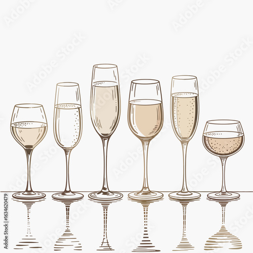 Collection of six champagne flutes and wine glasses filled with sparkling wine