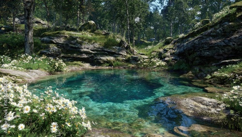 Crystal-clear spring in a sunlit forest glade