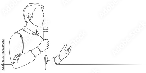 Businessman Presenting with Mic, line art, One Line Style vector illustration