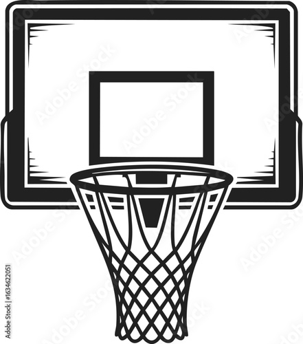 Basketball hoop, sports equipment, recreational goal, shooting target, athletic accessory, vector engraving style illustration