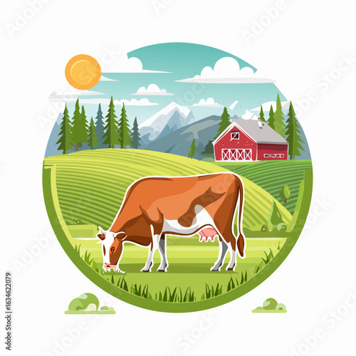 The cow eating grass at the countryside farm field vector illustration isolated on white background