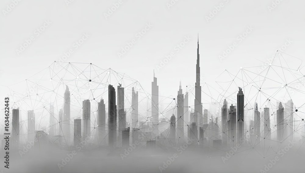 Obraz premium City skyline shrouded in mist, connected by digital network