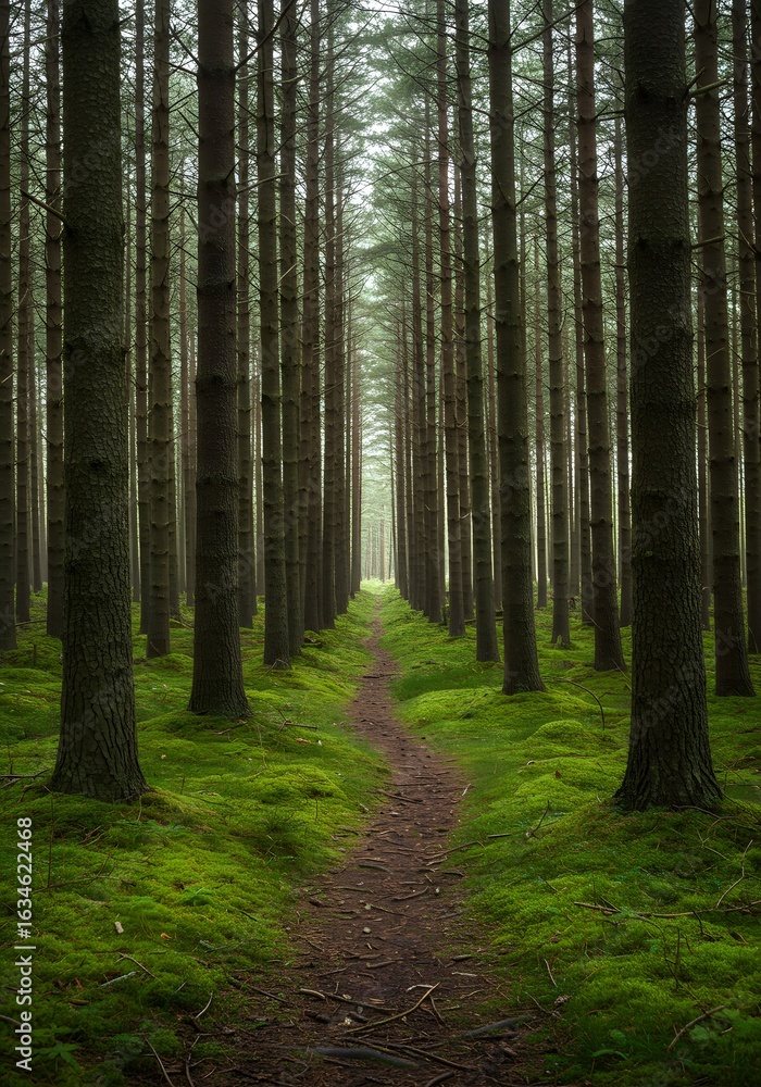 Fototapeta premium Serene Forest Path: Tranquil Walk through a Misty Pine Wood with Green Moss