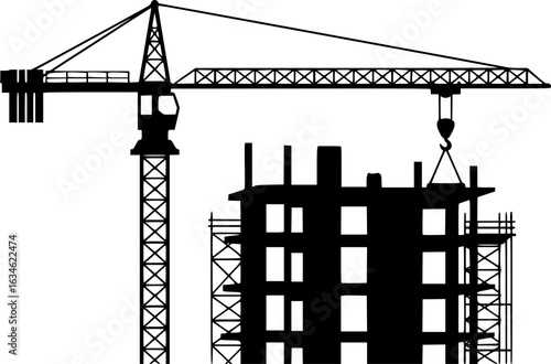Silhouette of a construction crane on a building under construction against white