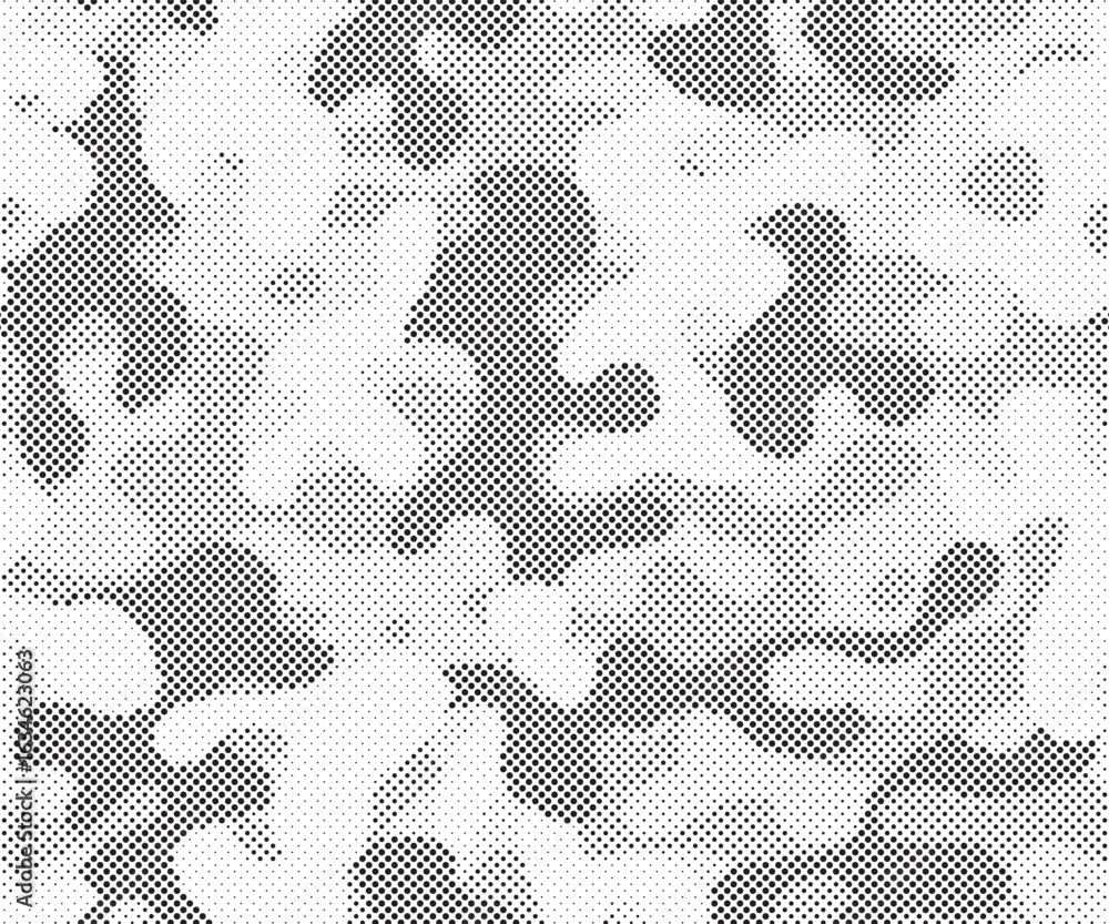 Fototapeta premium Abstract halftone seamless camouflage pattern. Repeating digital dotted hexagonal camo military texture background. Abstract modern fabric textile ornament. Vector illustration.