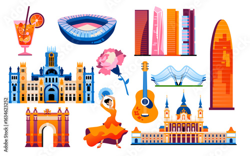 Spanish landmarks and symbols - set of flat design style objects