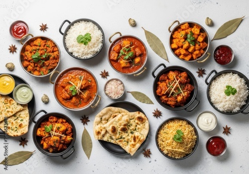An overhead shot of a diverse indian food spread, showcasing multiple curries, rice dishes, and naan bread, arranged attractively on a lightcolored surface with decorative leaves