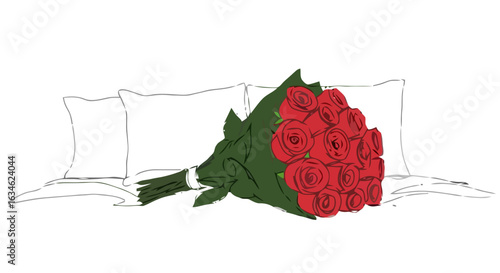 Red rose bouquet placed on a couch with white pillows  on transparent background