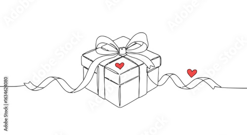 Hand-drawn gift box with ribbon and hearts in minimalist style  on transparent background