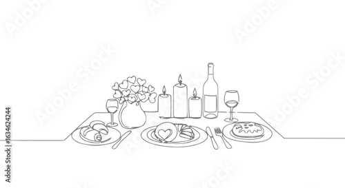Elegant dining table setting with wine, candles, and flowers  on transparent background