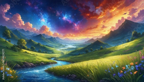 Vibrant Fantasy Landscape:  A Starry Sky with a Nebula over a Peaceful Valley, Game CG Background