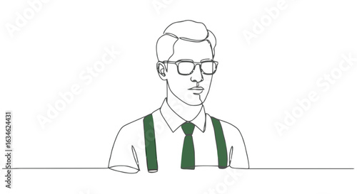 Young man with glasses and suspenders illustrated in minimal style  on transparent background