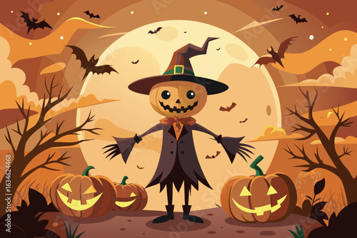 A spooky halloween scene with a scarecrow, pumpkins, bats, and a full moon