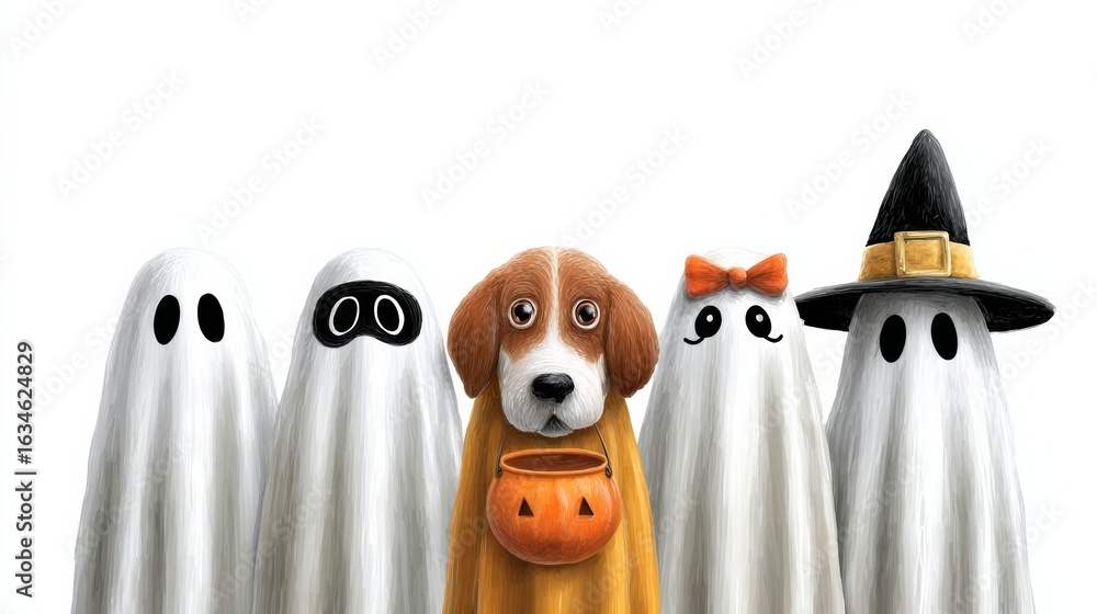 Obraz premium Dog is in the middle of a group of ghosts. The dog is wearing a Halloween costume and holding a pumpkin
