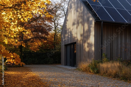 A wooden building with solar panels is surrounded by autumn trees