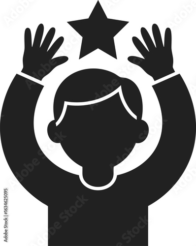 Child raising hands with star, youngster celebrating achievement, joyful kid embracing success