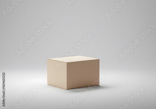 Minimalist beige cardboard box on a light gray background. Simple packaging design concept for branding, product mockup, or e-commerce presentation.