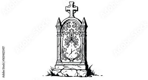 Vintage Gothic Cross Tombstone Vector Illustration with Ornate Ironwork and Stone Base in Black and White Style