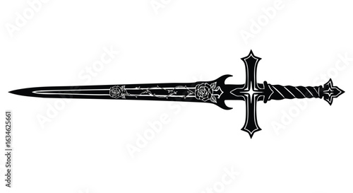 Vector Illustration of Ornate Medieval Sword in Gothic Style with Floral Elements and Intricate Crossguard Design