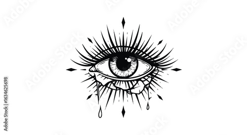 Black and White Vector Illustration of Crying Eye with Radiating Lines in Gothic Style for Artistic and Tattoo Design