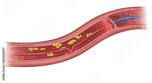 Vector Medical Illustration of Artery with Cholesterol Plaque in Modern Realistic Style with Red and Yellow Colors