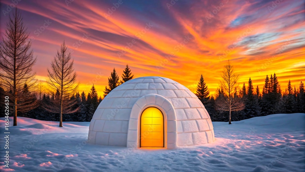 Obraz premium Glowing igloo in snowy winter forest under colorful sunset sky