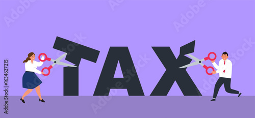 tax reduction businesswoman and businessman with scissors cut taxes vector illustration  