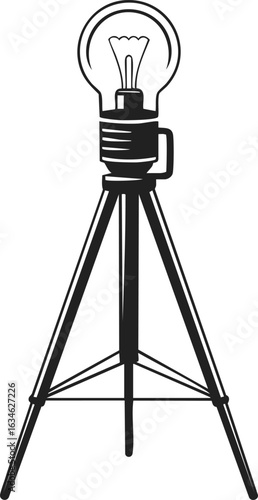 Construction light, vintage tripod lamp, illuminating tool, workshop equipment with bulb on stand